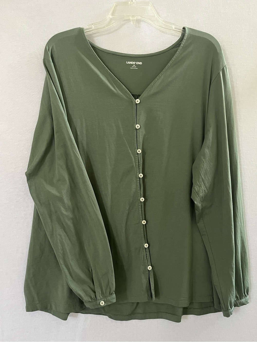 Lands' End Olive Green V-Neck Button Front Long Sleeve Blouse
